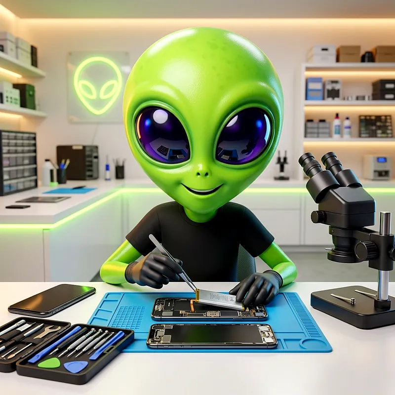 Mascote da Alien Tech trocando a bateria de um celular