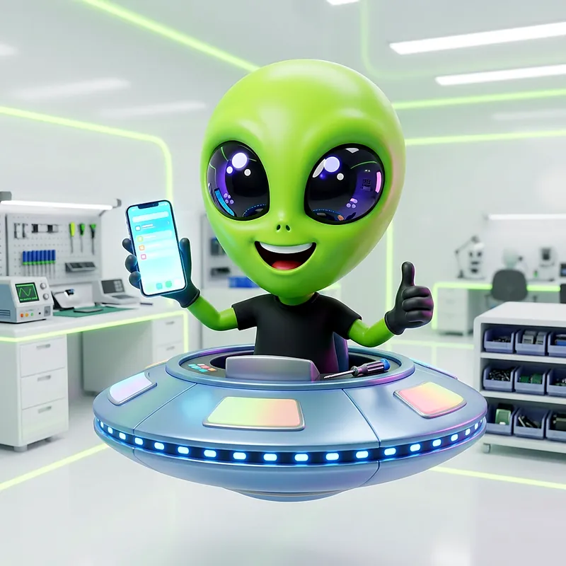 Mascote da Alien Tech com aparelho consertado