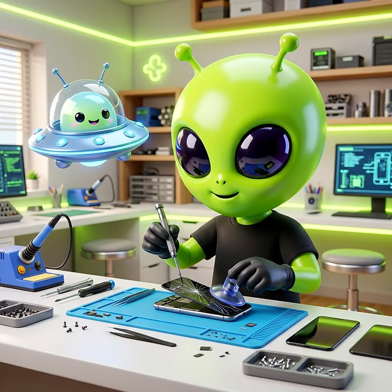 Mascote da Alien Tech trocando a tela de um celular